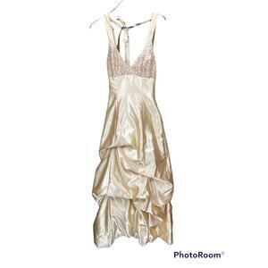 80's Jessica McClintock Gunne Sax Halter Top Satin Prom Formal Dress Sz 3 Gold